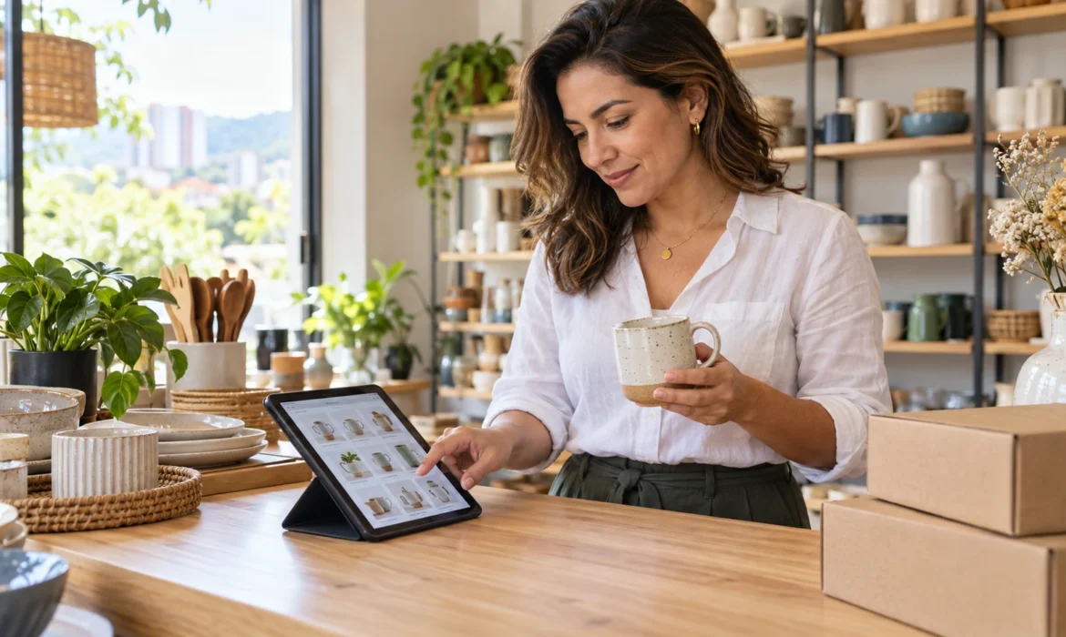 Comerciante revisando una taza de cerámica y un catálogo digital en una tableta, junto a cajas de envío en una tienda de artículos para el hogar.