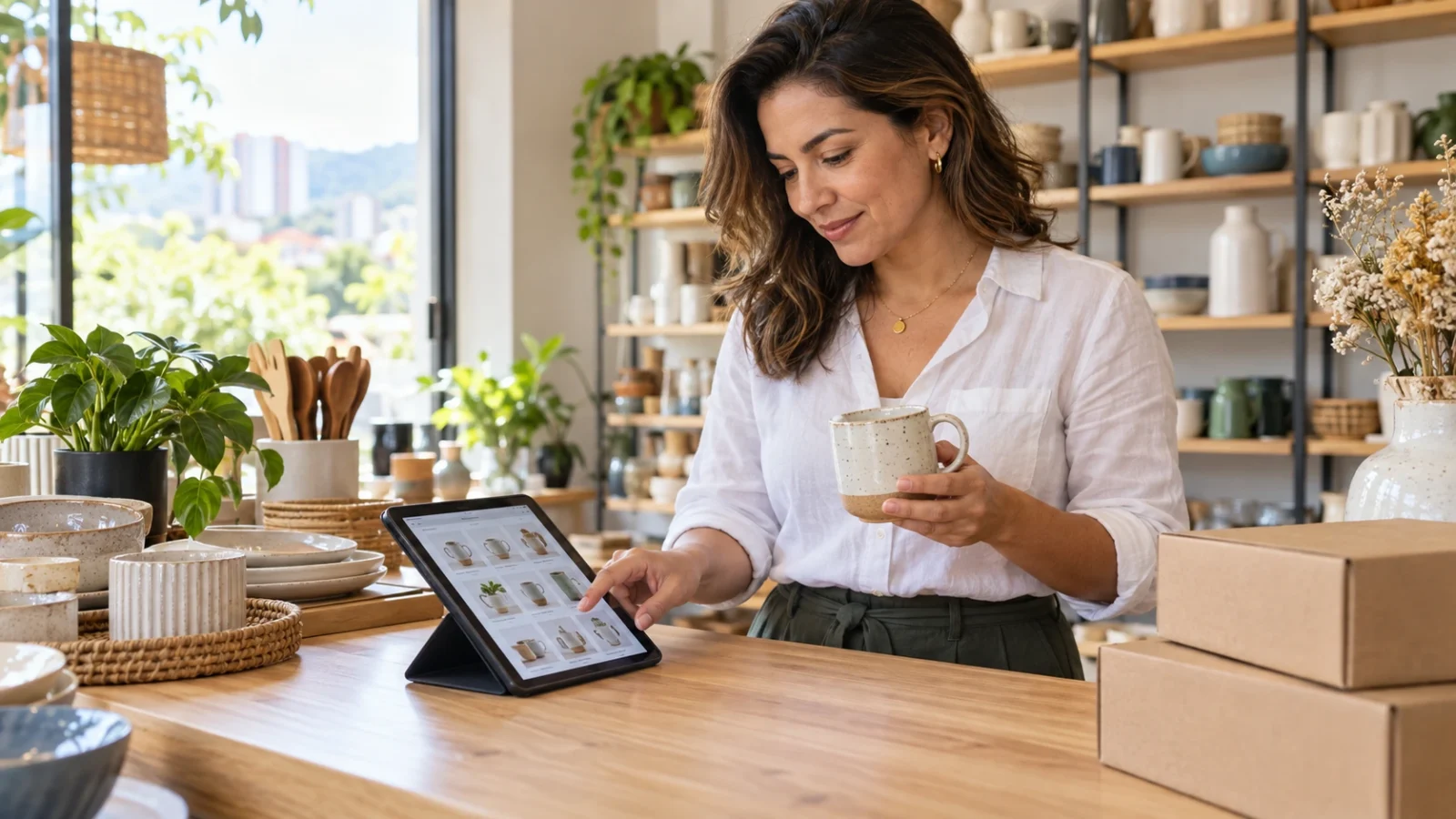 Comerciante revisando una taza de cerámica y un catálogo digital en una tableta, junto a cajas de envío en una tienda de artículos para el hogar.