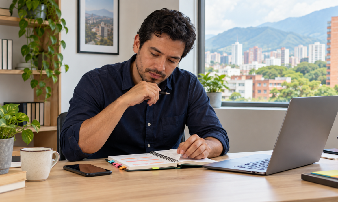 Escena ilustrativa de un profesional revisando notas de seguimiento comercial junto a un portátil y un teléfono.