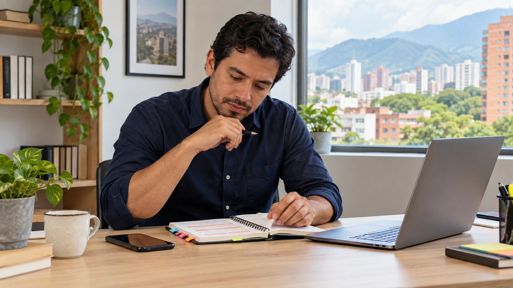 Escena ilustrativa de un profesional revisando notas de seguimiento comercial junto a un portátil y un teléfono.