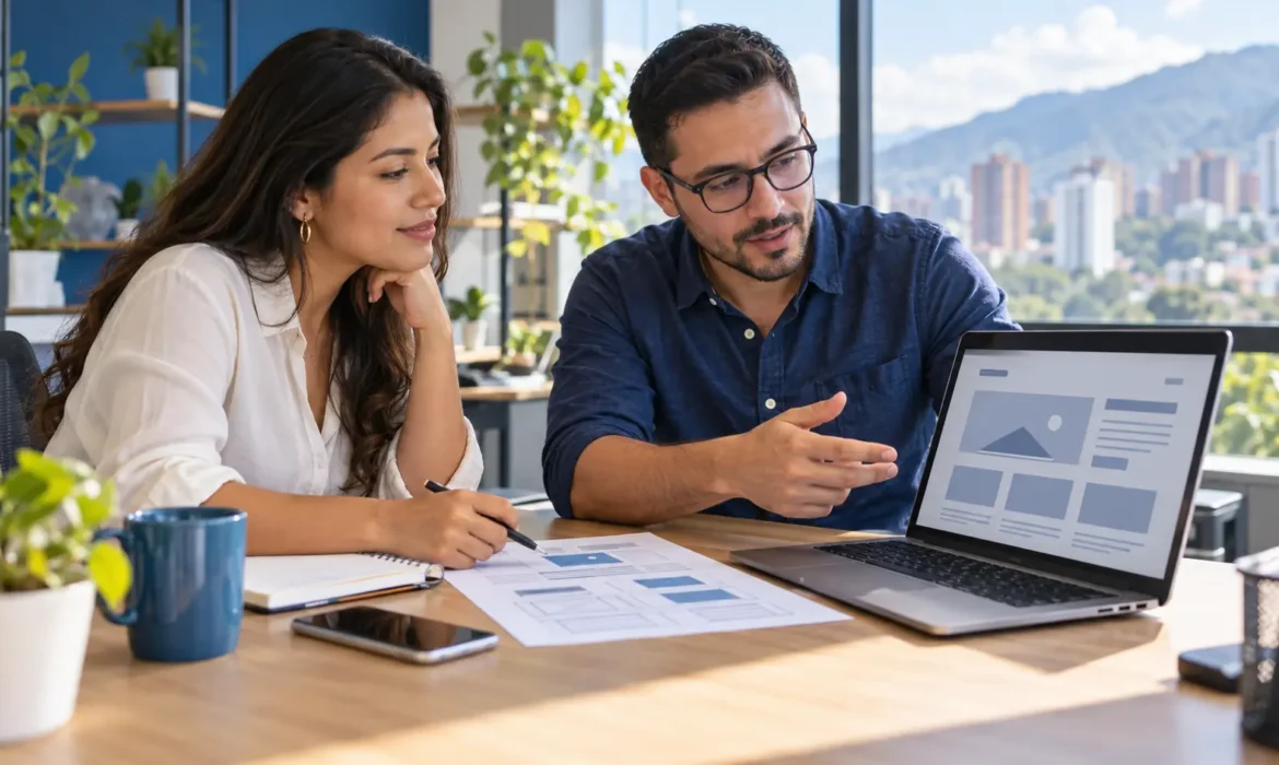 Profesional independiente revisando con un consultor la cotización y estructura de una página web en Cali.