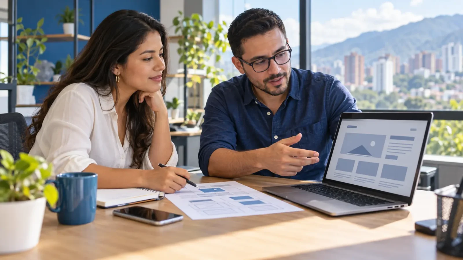 Profesional independiente revisando con un consultor la cotización y estructura de una página web en Cali.