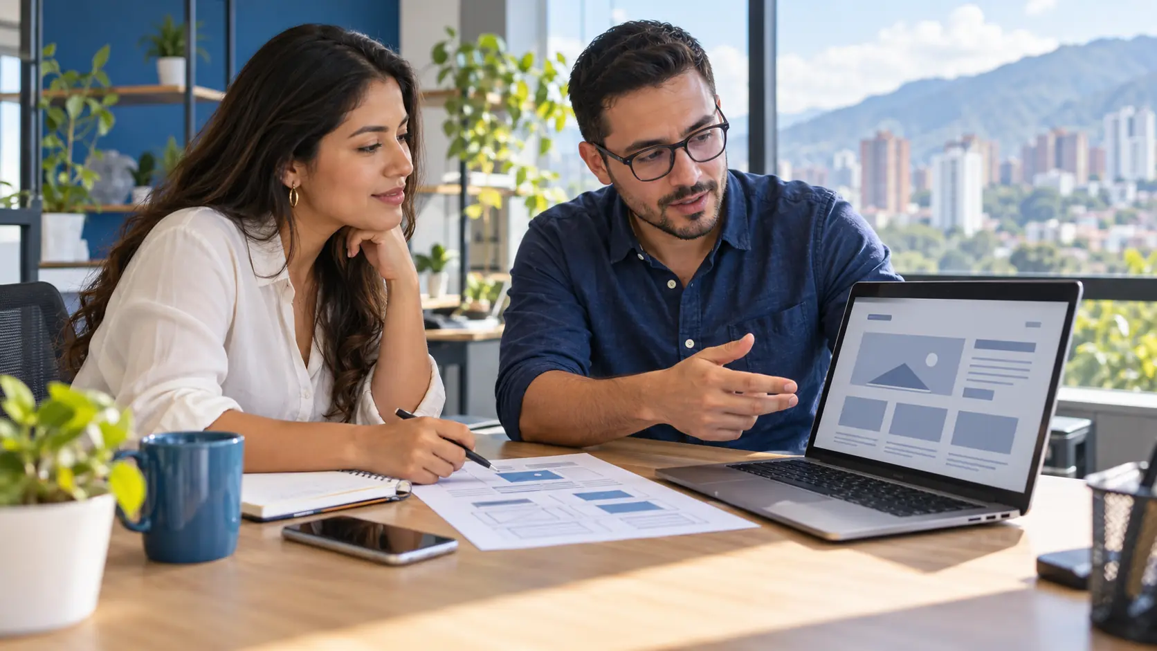 Profesional independiente revisando con un consultor la cotización y estructura de una página web en Cali.