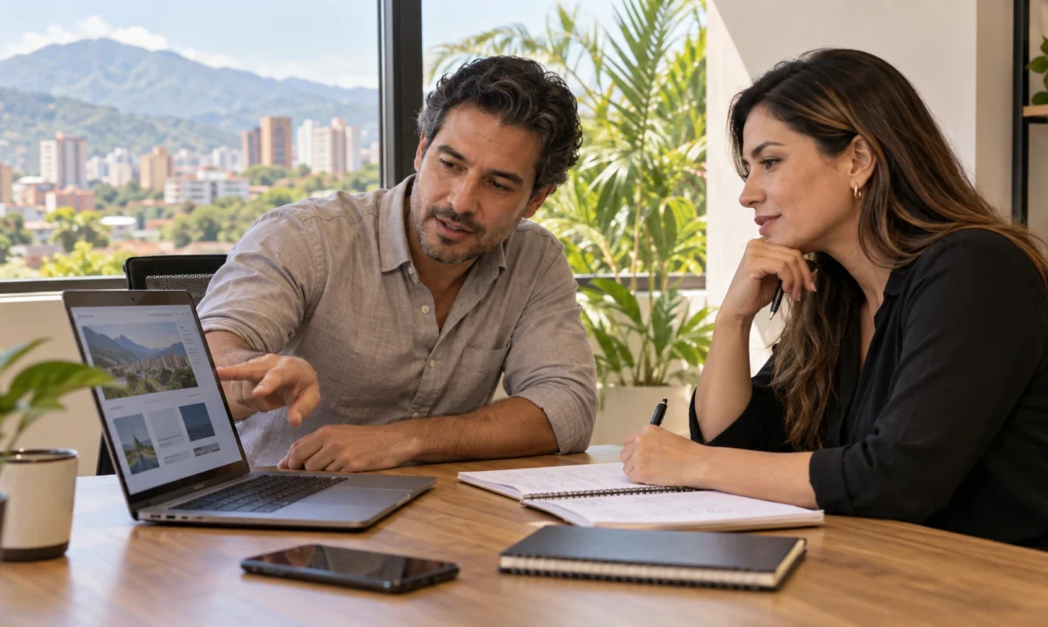 Dos profesionales revisando una página web en un portátil y tomando notas durante una reunión de diagnóstico digital en una oficina luminosa.