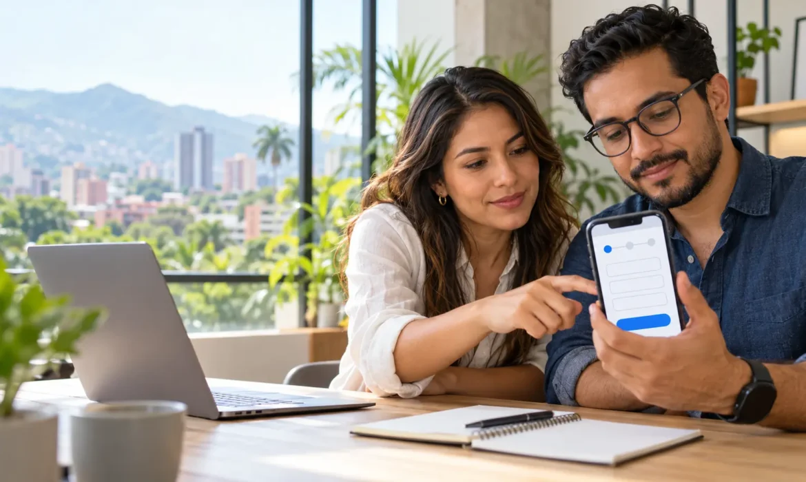 Profesional independiente y consultor revisando en un celular un formulario de cotización para una página web en Cali.
