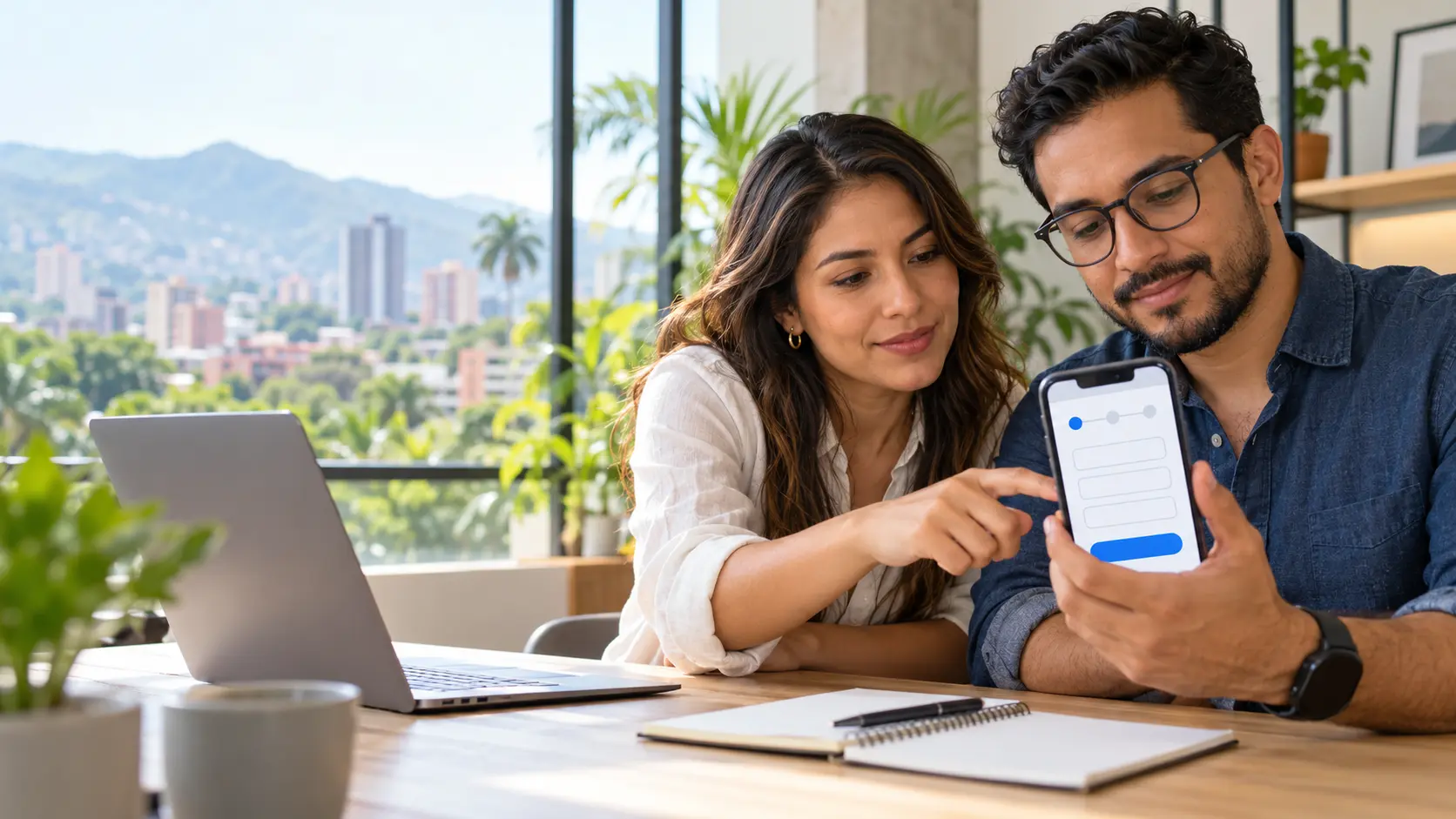 Profesional independiente y consultor revisando en un celular un formulario de cotización para una página web en Cali.