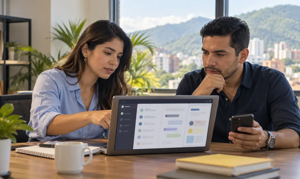 Consultora y profesional de servicios revisando en un portátil conversaciones originadas por campañas digitales en Cali.