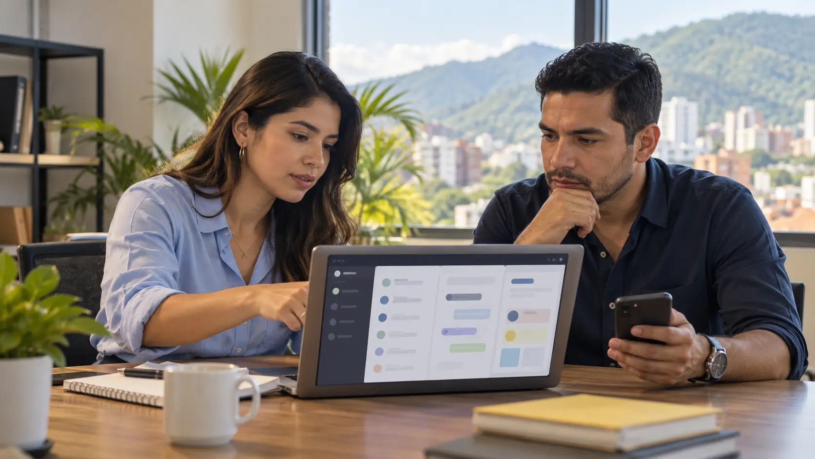 Consultora y profesional de servicios revisando en un portátil conversaciones originadas por campañas digitales en Cali.