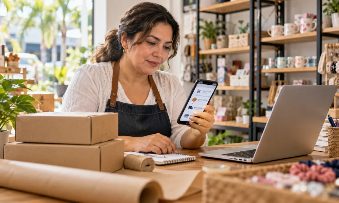 Comerciante revisando un proceso de compra en su teléfono, junto a un portátil y cajas de envío en una tienda de accesorios y regalos.