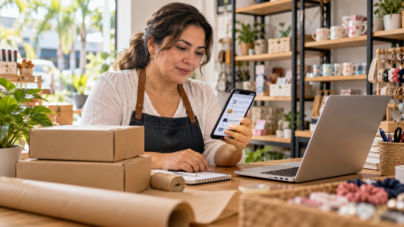 Comerciante revisando un proceso de compra en su teléfono, junto a un portátil y cajas de envío en una tienda de accesorios y regalos.