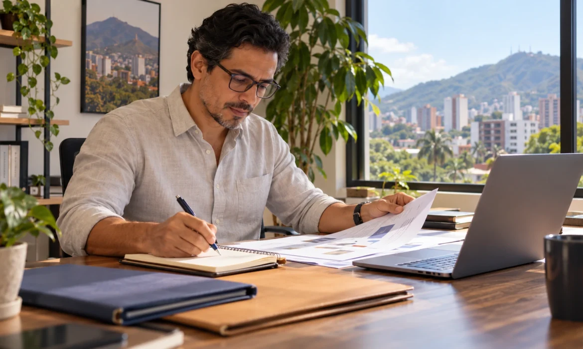 Profesional organizando documentos y notas junto a un portátil antes de una consultoría digital, en una oficina con vista urbana de Cali.