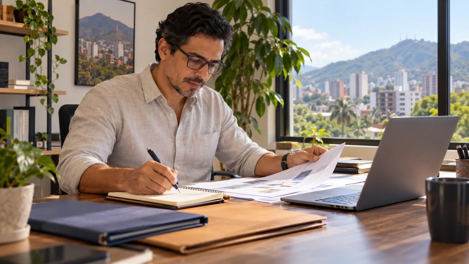Profesional organizando documentos y notas junto a un portátil antes de una consultoría digital, en una oficina con vista urbana de Cali.