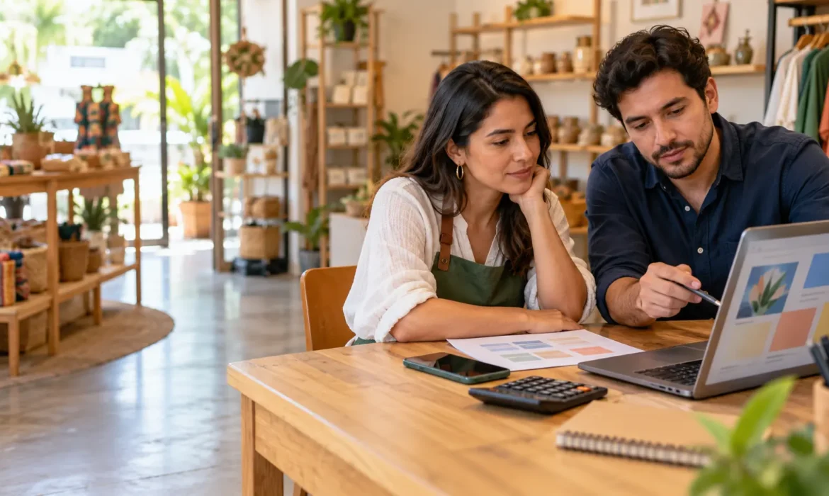 Propietaria de un comercio en Cali revisando con un consultor el presupuesto de campañas digitales en un portátil.
