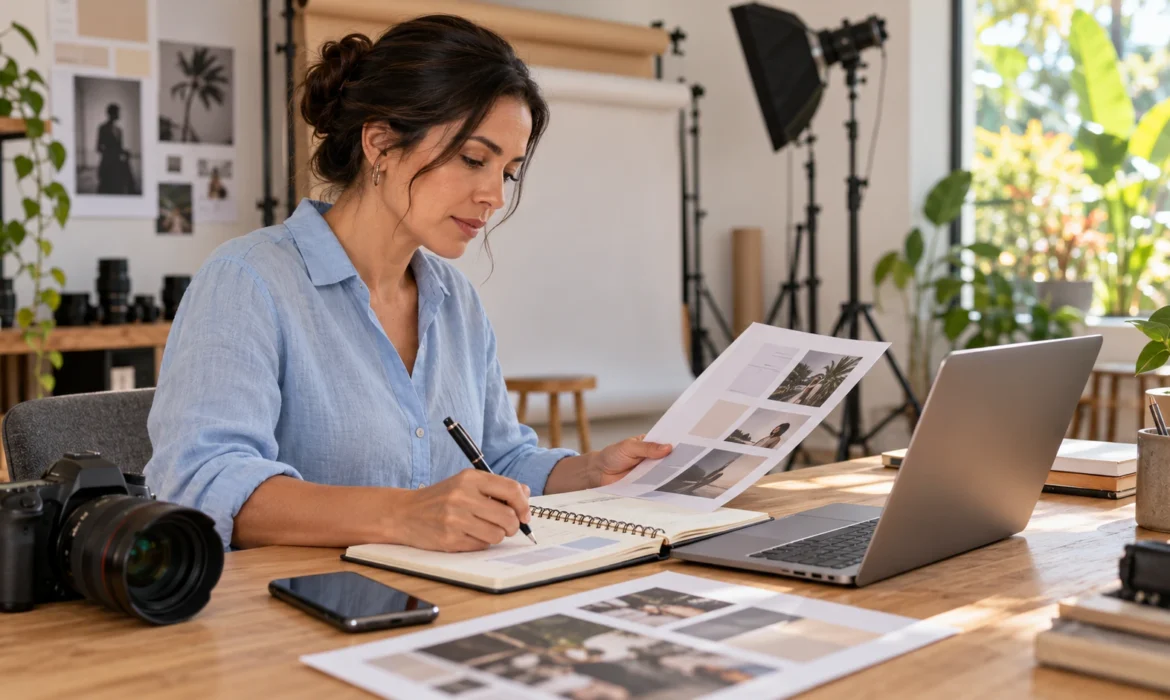 Fotógrafa revisando propuestas y anotando tareas en una agenda junto a un portátil en su estudio.