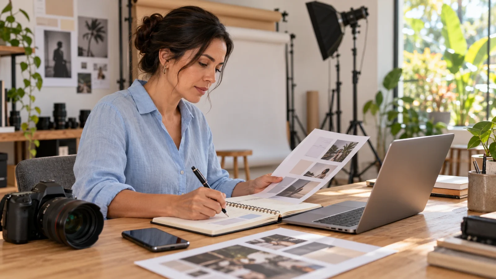 Fotógrafa revisando propuestas y anotando tareas en una agenda junto a un portátil en su estudio.