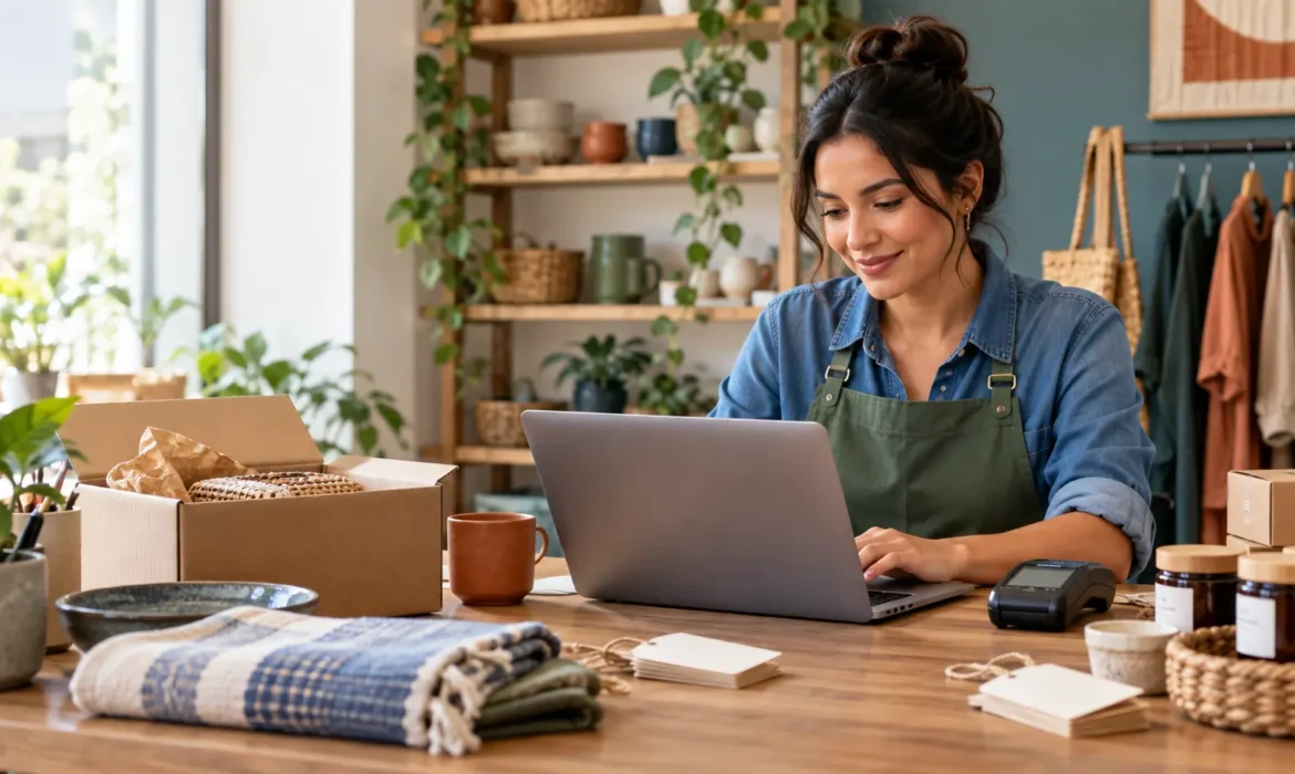Comerciante preparando productos, pagos e inventario para una tienda virtual en Cali.
