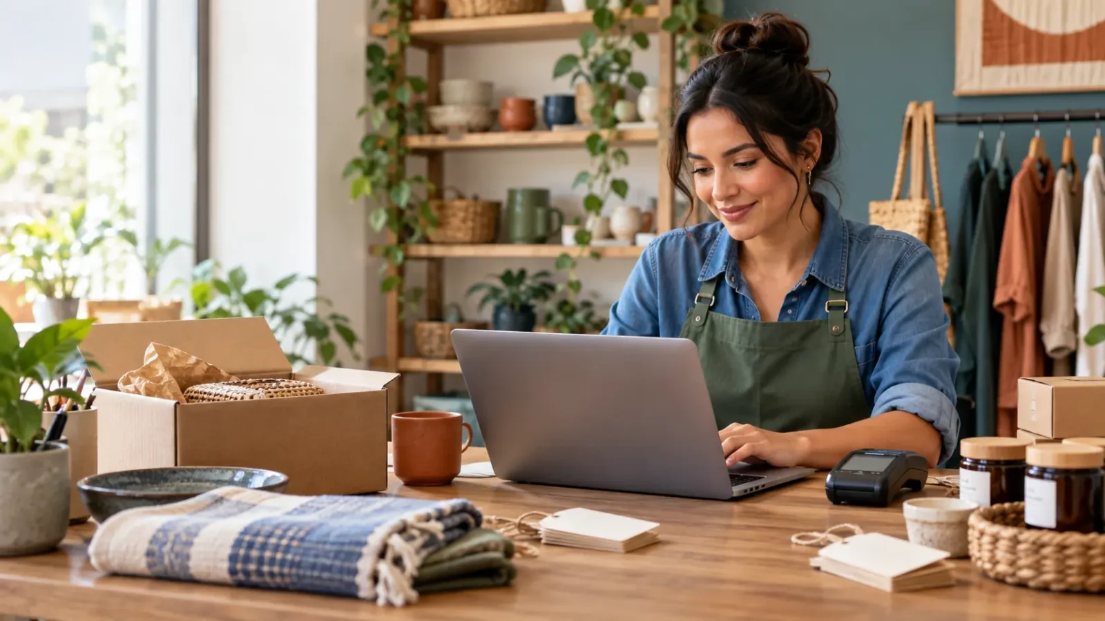 Comerciante preparando productos, pagos e inventario para una tienda virtual en Cali.